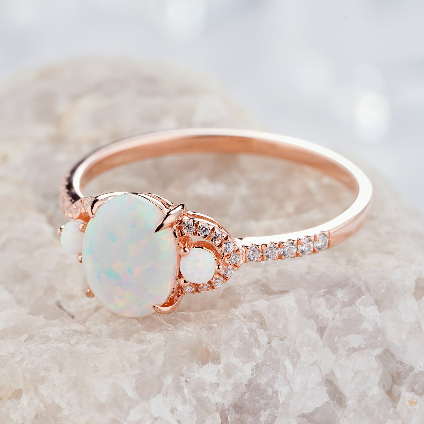 Oval Cut White Fire Opal Engagement Ring 14K/18KGold Natural Diamond Ring - ShainJewelry