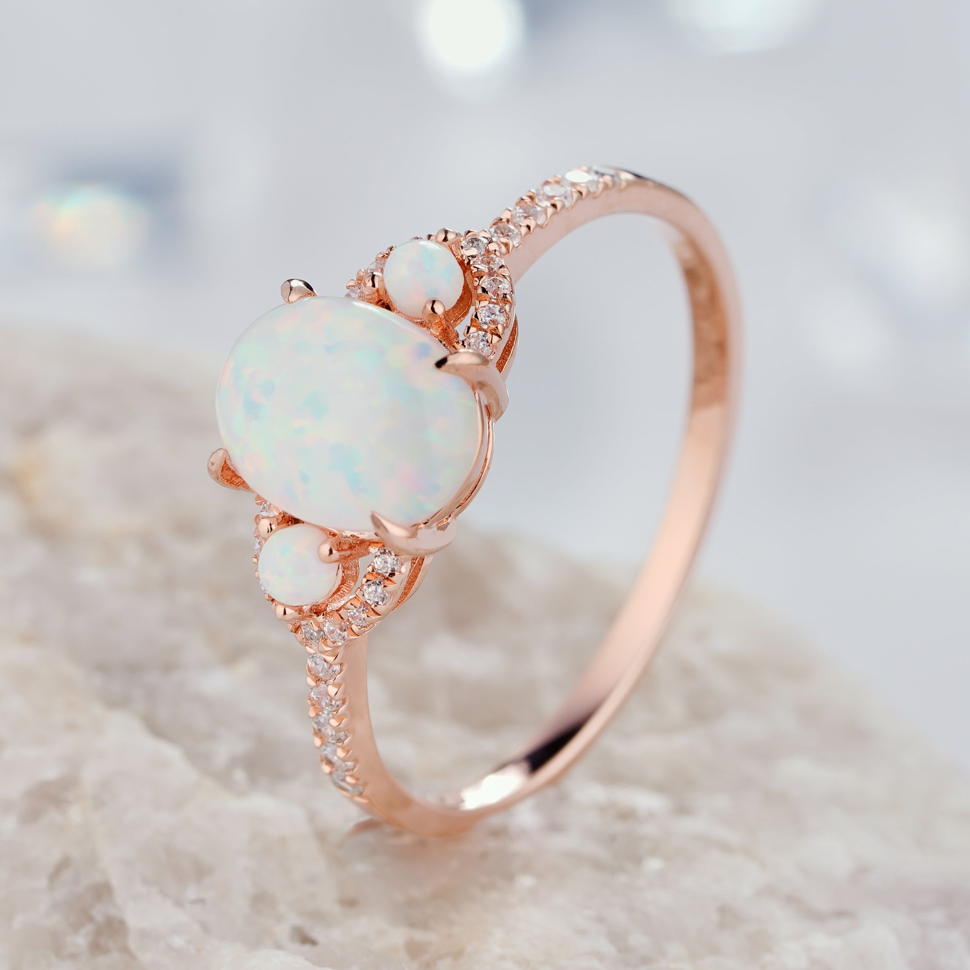 Oval Cut White Fire Opal Engagement Ring 14K/18KGold Natural Diamond Ring - ShainJewelry