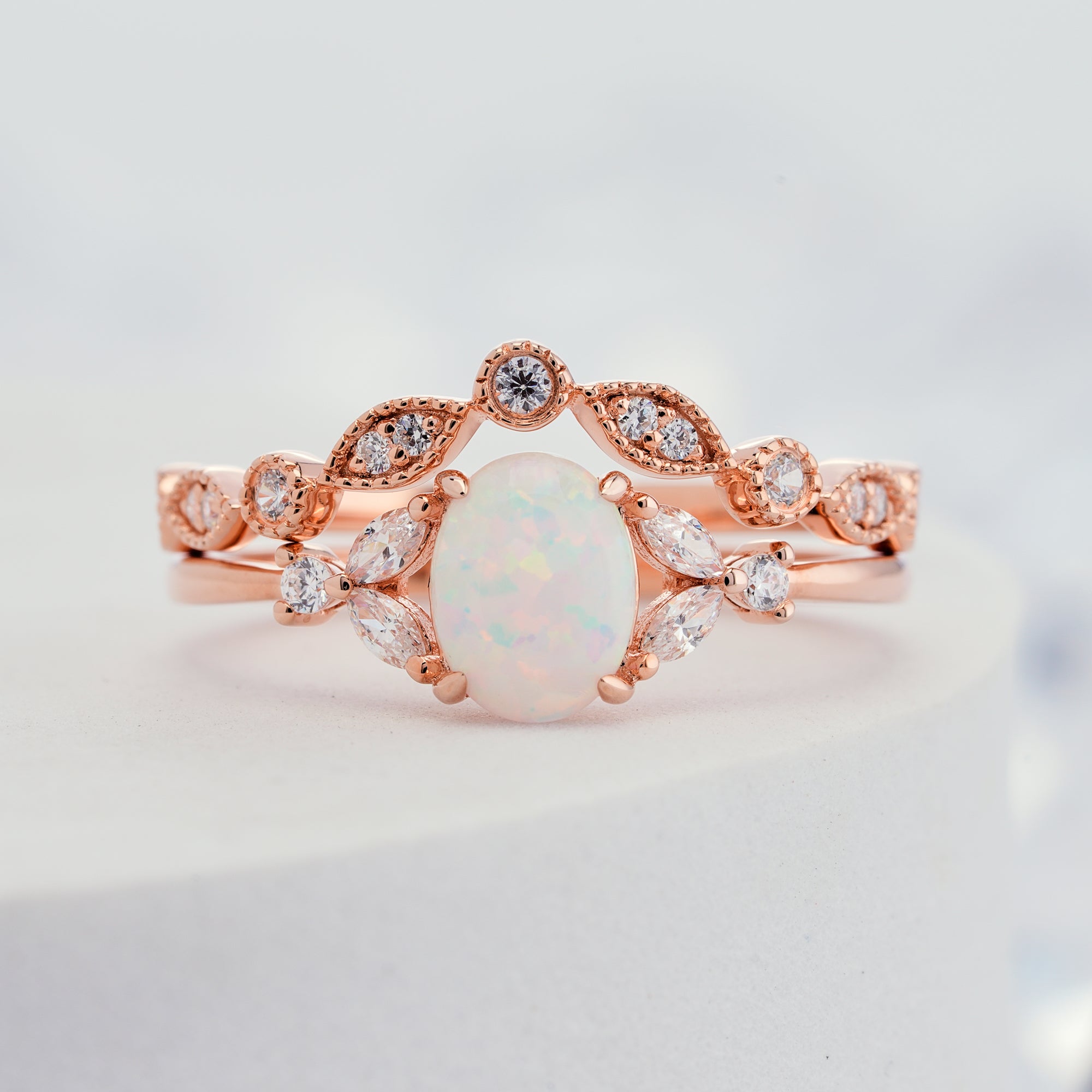 White Opal Engagement Diamond Ring Set in 14K/18K Gold - ShainJewelry